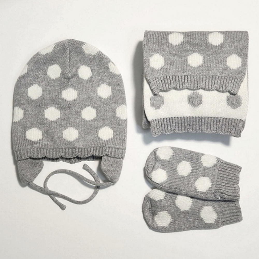 Jacadi Grey/White Polkadot Hat (6M), Scarf (TU), & Mitten (T1) Set ~ EUC - Picture 2 of 8